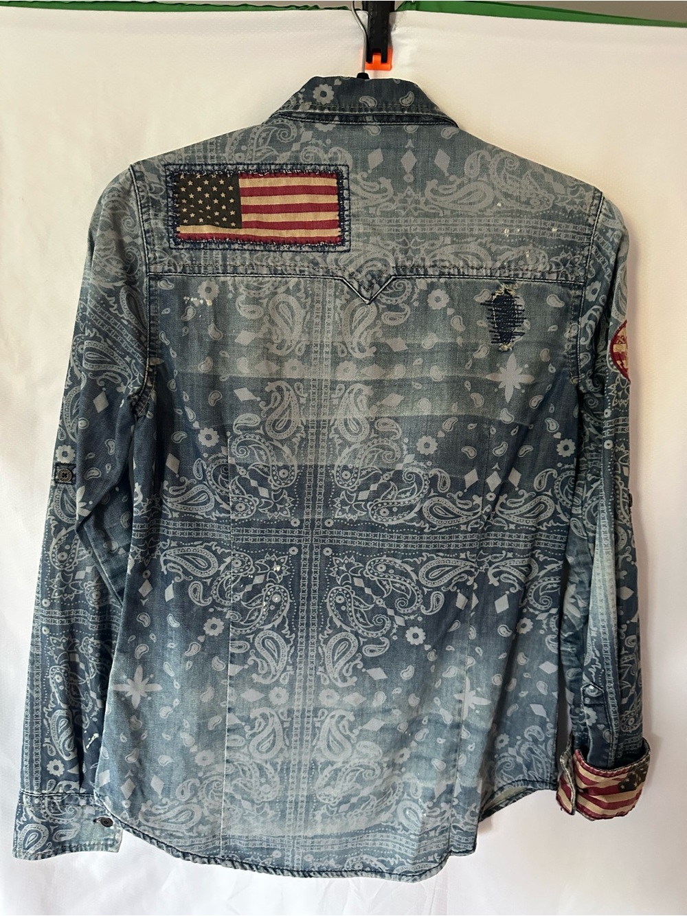 Affliction ACMC Paisley Denim Western Shirt USA Flag Patch Women’s Small - Picture 2 of 4